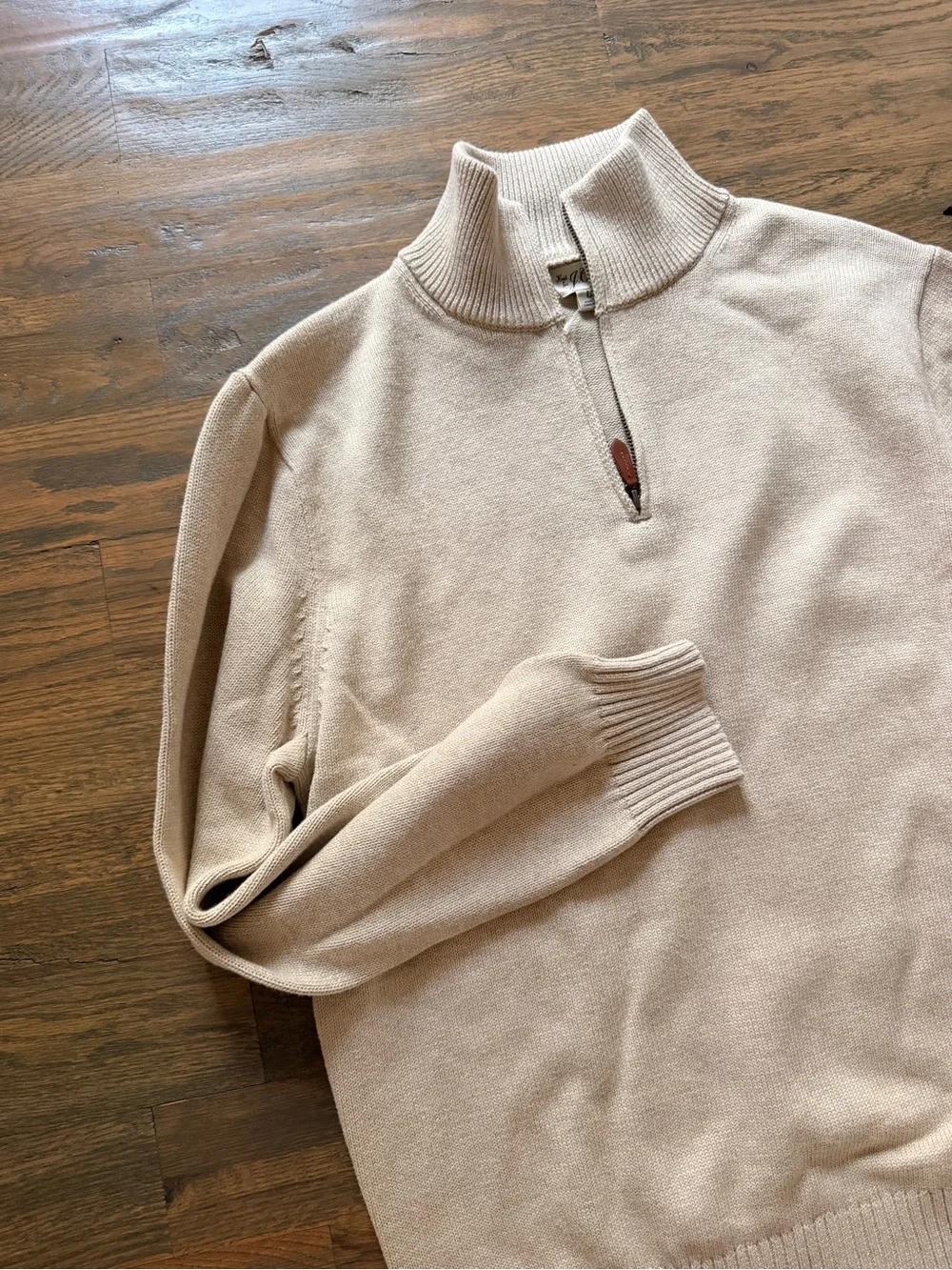 J. Crew Men's Beige Half-Zip Sweater with Leather Trim